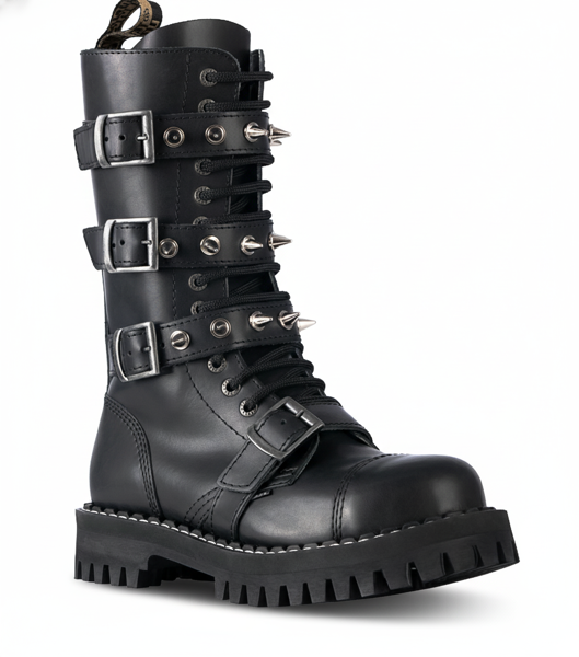 Steel Stiefel 15 Loch Schwarz Mit 4 Schnallen Pyramid 